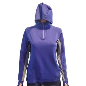 REI Woman's Sz S 1/4 Zip Hiking Long Sleeve Thumbhole Polyester Blend Hooded Top